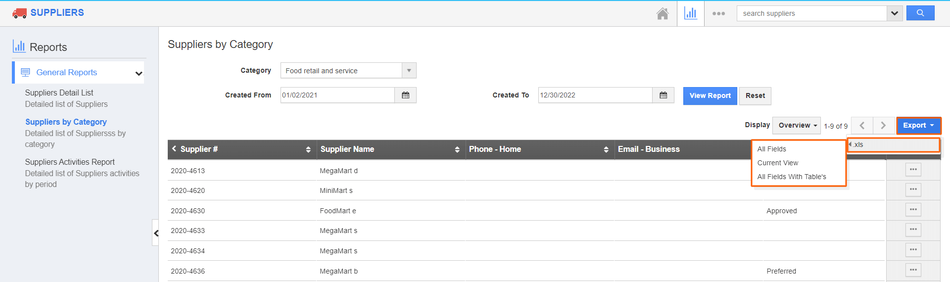 Suppliers - Suppliers by Category Export